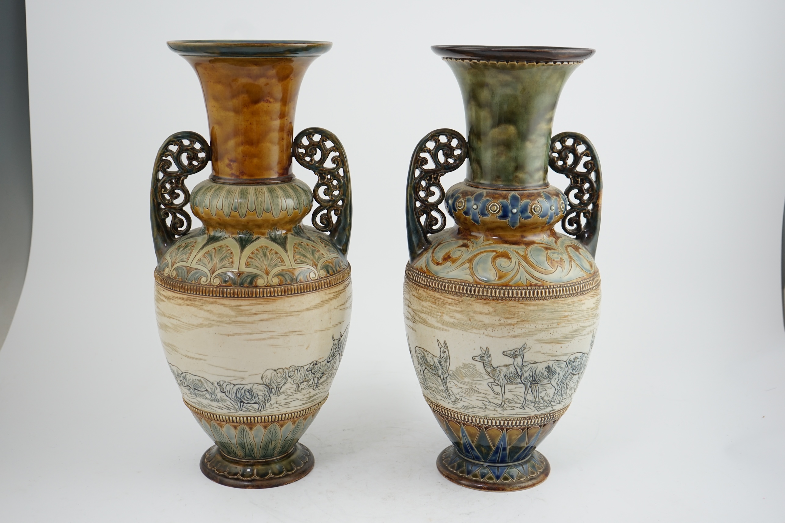 Hannah Barlow for Doulton Lambeth two similar stoneware vases, 1885